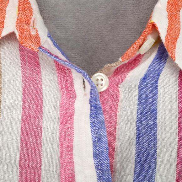 Talbots Top Petites MP PM Linen Blouse Blue Pink Yellow Stripe Beach Resort - Picture 10 of 14